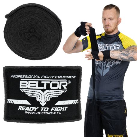 Beltor Owijki bokserskie bawełniane 4m Czarne Bandaże Taśmy treningowe
