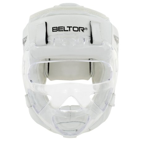 BELTOR KASK KARATE Z MASKĄ COMBAT SKÓRZANY OCHRANIACZ GŁOWY BIAŁY
